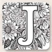 タトゥースタイル白黒モノグラムのインクフラワー コースター (正面)