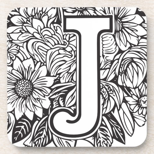 タトゥースタイル白黒モノグラムのインクフラワー コースター (正面)