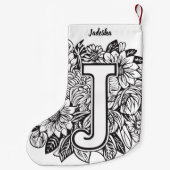 タトゥースタイル白黒モノグラムのインクフラワー スモールクリスマスストッキング (裏面)