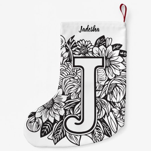 タトゥースタイル白黒モノグラムのインクフラワー スモールクリスマスストッキング (裏面)