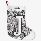 タトゥースタイル白黒モノグラムのインクフラワー スモールクリスマスストッキング (正面)