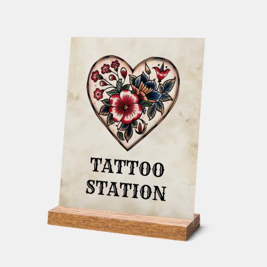 タトゥーステーションレトロフラッシュセーラーハートパーティー アクリルサイン (傾斜)