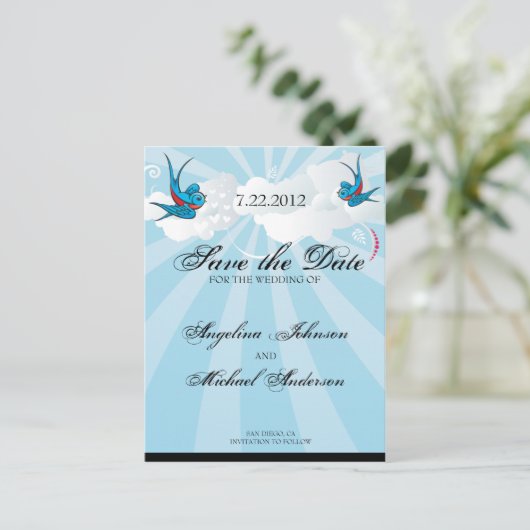 タトゥースワローズとスクロールアーバン日付を保存する車 案内ポストカード (スタンド正面)