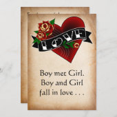 タトゥーハートとバラ結婚式招待状 招待状 (正面/裏面)