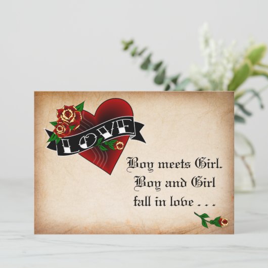 タトゥーハートとバラ結婚式招待状 招待状 (スタンド正面)