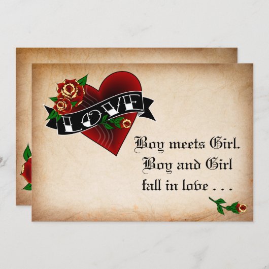 タトゥーハートとバラ結婚式招待状 招待状 (正面/裏面)