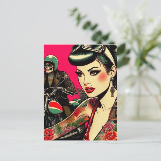 タトゥーバイクもしくは自転車に乗る人ガール ポストカード (スタンド正面)