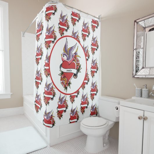 タトゥーパーソナライズされたラブバードハートバスルーム シャワーカーテン (インサイチュ)