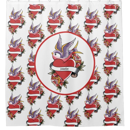タトゥーパーソナライズされたラブバードハートバスルーム シャワーカーテン (正面)