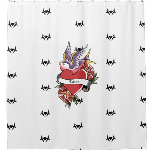 タトゥーパーソナライズされたラブバードハート シャワーカーテン (正面)