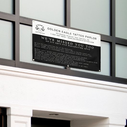 タトゥーパーラーのリオープニング配布ガイドライン 横断幕 (ビルの外側)