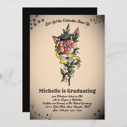 タトゥー卒業式パーティヴィンテージレトロバラ 招待状 (正面/裏面)