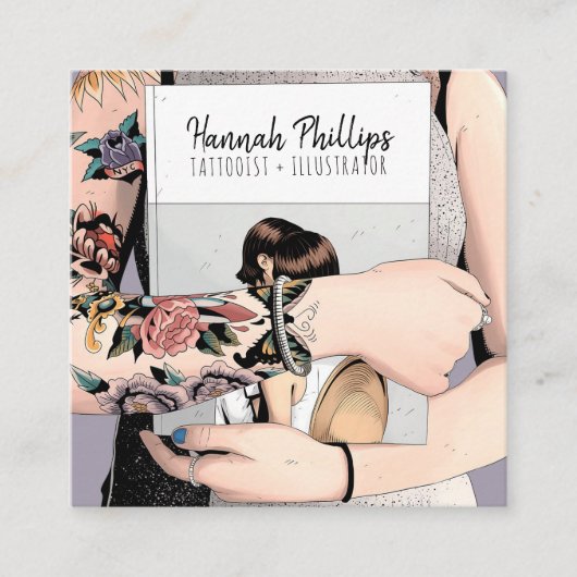 タトゥー女クールの子のイラストレーショントレンディースクリプト紫 スクエア名刺 (正面)