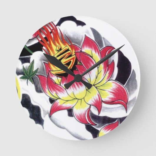 タトゥー日本のスタイル燃える蓮の花 ラウンド壁時計 (正面)