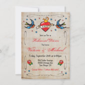 タトゥー燃えるハートの鳥のリハーサルのディナー 招待状 (正面)