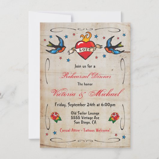 タトゥー燃えるハートの鳥のリハーサルのディナー 招待状 (正面)