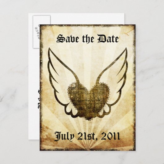 タトゥー翼ハート日付はがきを保存 案内ポストカード (正面/裏面)