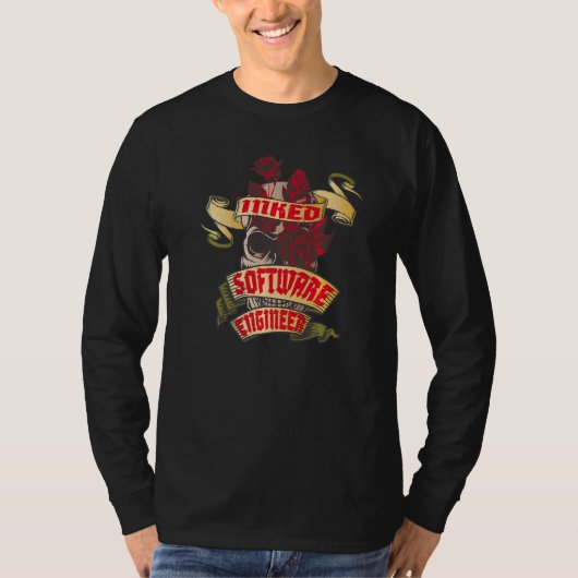 タトゥー ソフトウェア エンジニア ドクロ 赤いバラ Tシャツ (正面)