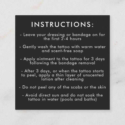 タトゥー プロフェッショナル アーティスト アフターケア 説明書 スクエア名刺 (裏面)