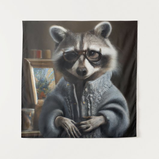 タヌキはトリコットコートと眼鏡ポーを着おもしろいている タペストリー (正面)