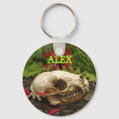 タヌキスカルの古い丸太にシダと赤いモナルダ キーホルダー (正面)