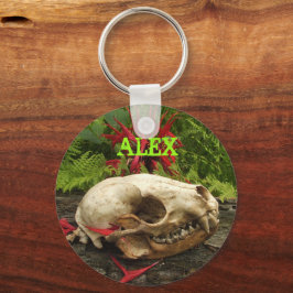 タヌキスカルの古い丸太にシダと赤いモナルダ キーホルダー