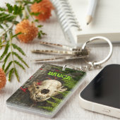 タヌキスカルの古い丸太にシダと赤いモナルダ キーホルダー (正面右)