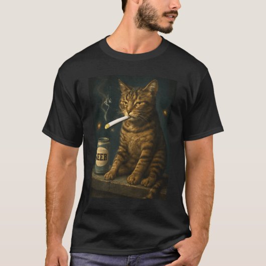 タバコを吸う子猫がお茶を飲む 馬鹿げた猫のミーム Tシャツ (正面)
