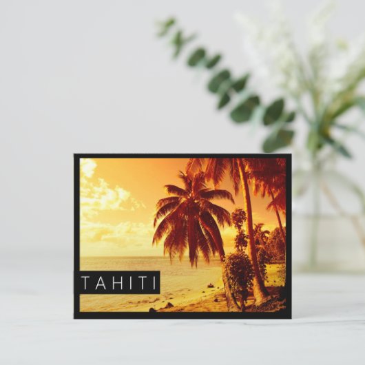 タヒチの夕焼けの黒いはがき ポストカード (スタンド正面)