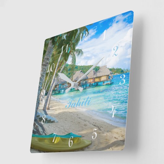 タヒチの時計。  美しいタヒチの楽園のビーチ スクエア壁時計 (傾斜)