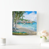 タヒチの時計。  美しいタヒチの楽園のビーチ スクエア壁時計 (ホーム)