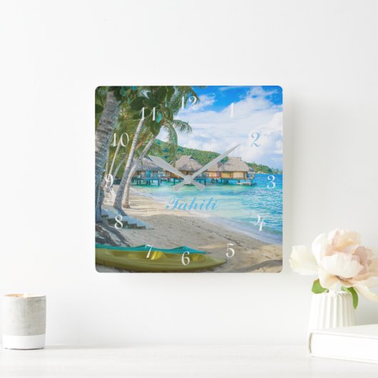 タヒチの時計。 美しいタヒチの楽園のビーチ スクエア壁時計 (ホーム)