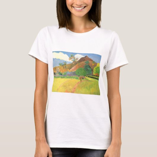 タヒチの風景、タヒチの山々、ポール・ゴーガン Tシャツ (正面)