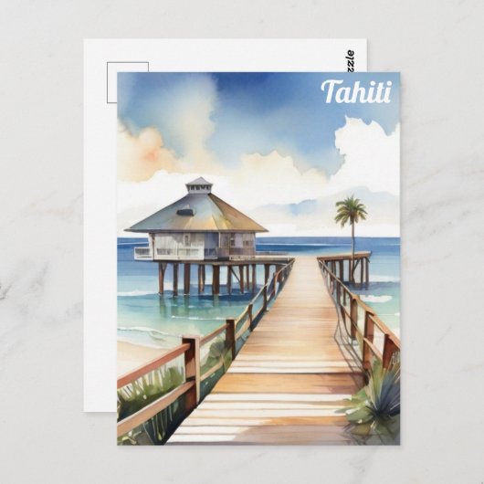 タヒチトロピカルビーチリゾートウォーターカラー ポストカード (正面/裏面)