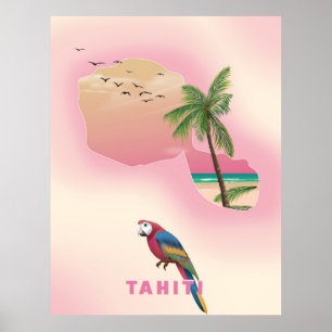 タヒチ地図図解入りの、写真付きの旅行ポスター ポスター