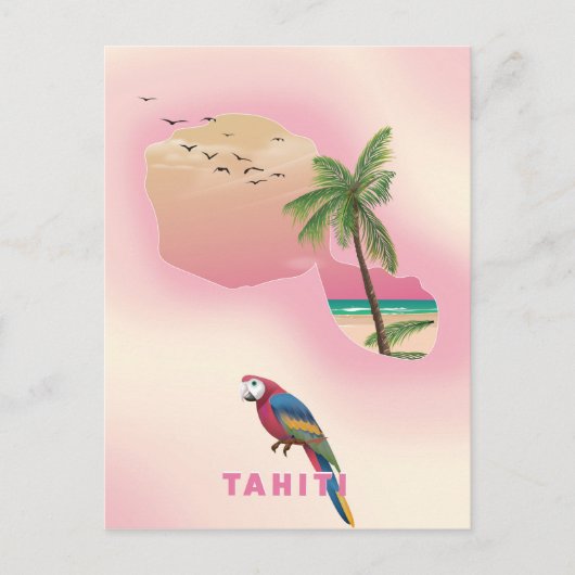 タヒチ地図図解入りの、写真付きの旅行ポスター ポストカード (正面)