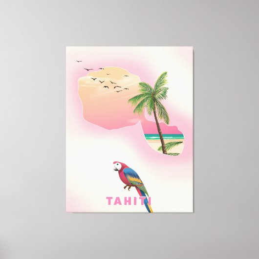 タヒチ島のイラストマップの旅行ポスター キャンバスプリント (正面)