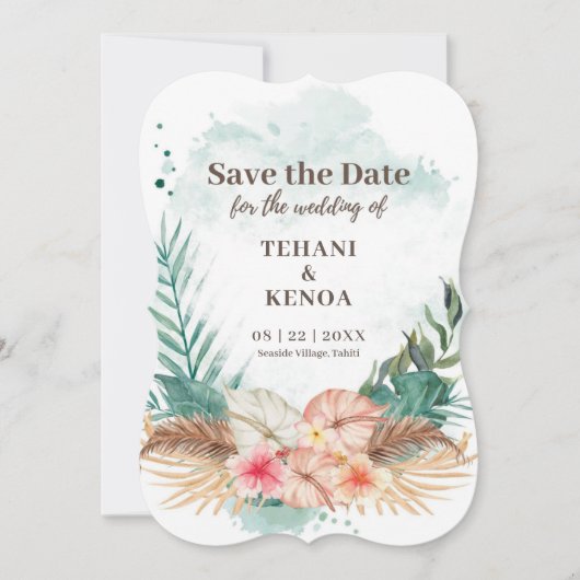 タヒチ | 熱帯の水彩パームリーフと花 セーブザデート (正面)