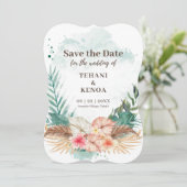 タヒチ | 熱帯の水彩パームリーフと花 セーブザデート (スタンド正面)