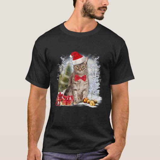 タビーおもしろいキャット衣服サンタハットグラフィッククリスマス Tシャツ (正面)