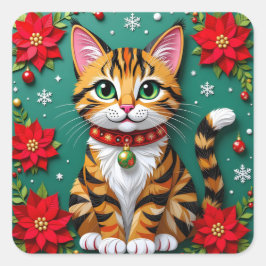 タビーキャットとポインセチアと雪の結晶のクリスマス スクエアシール