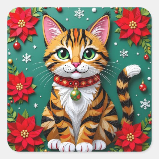 タビーキャットとポインセチアと雪の結晶のクリスマス スクエアシール (正面)