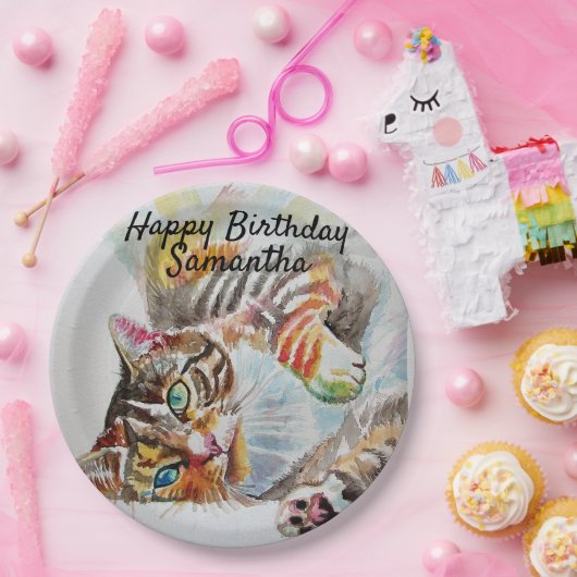 タビーキャットウォーターカラーバースデーパーティー紙プレート ペーパープレート (パーティー)