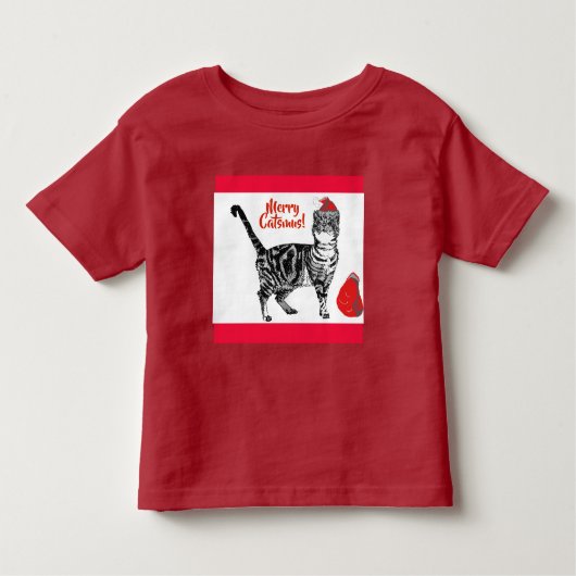 タビーキャットメリークリスマスキャッツマス赤おもしろい猫 トドラーTシャツ (正面)