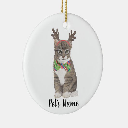 タビーパーソナライズされたキャット(グレー)〔雄ジカの〕枝角&ボウタイ セラミックオーナメント (右)