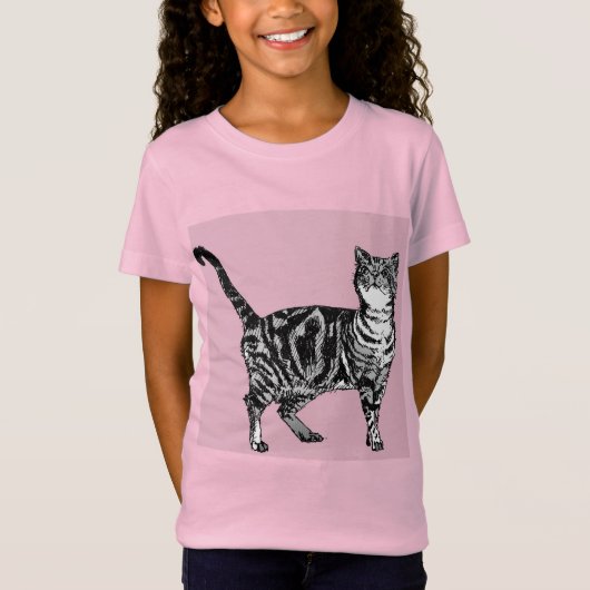 タビー猫かわいいお洒落ピンクの女の子Tシャツ Tシャツ (正面)