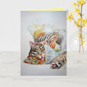 タビー猫かわいい猫ウォータカラー誕生日カード カード (黄色い花)