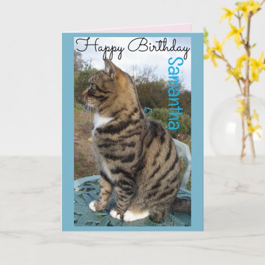 タビー猫かわいい猫ストライプの誕生日カード カード (黄色い花)