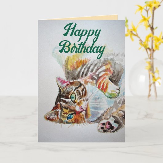 タビー猫かわいい猫ラブウォーター色誕生日カード カード (黄色い花)