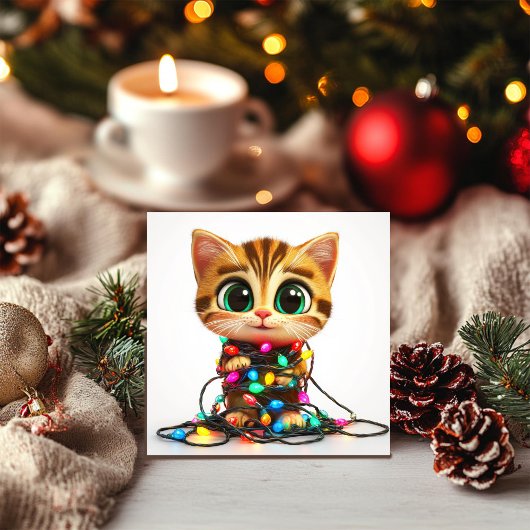 タビー猫がホリデーライトに包まれたホリデーカード シーズンカード